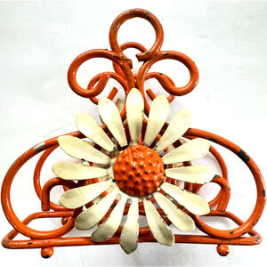 Retro 60's-70's Orange Napkin or Letter Holder with a Large White Daisy Design